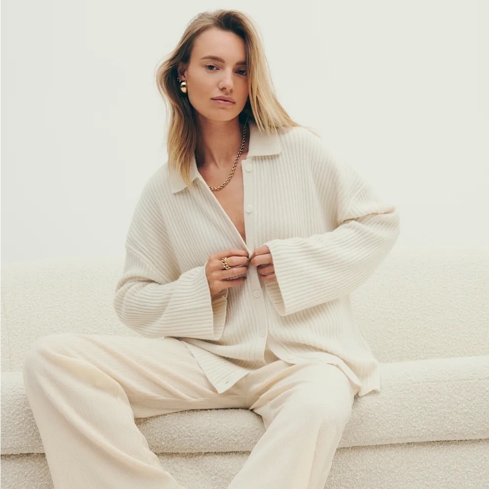 Reformation Fantino Cashmere Polo Collar Knit Button Cardigan Sweater Gossamer